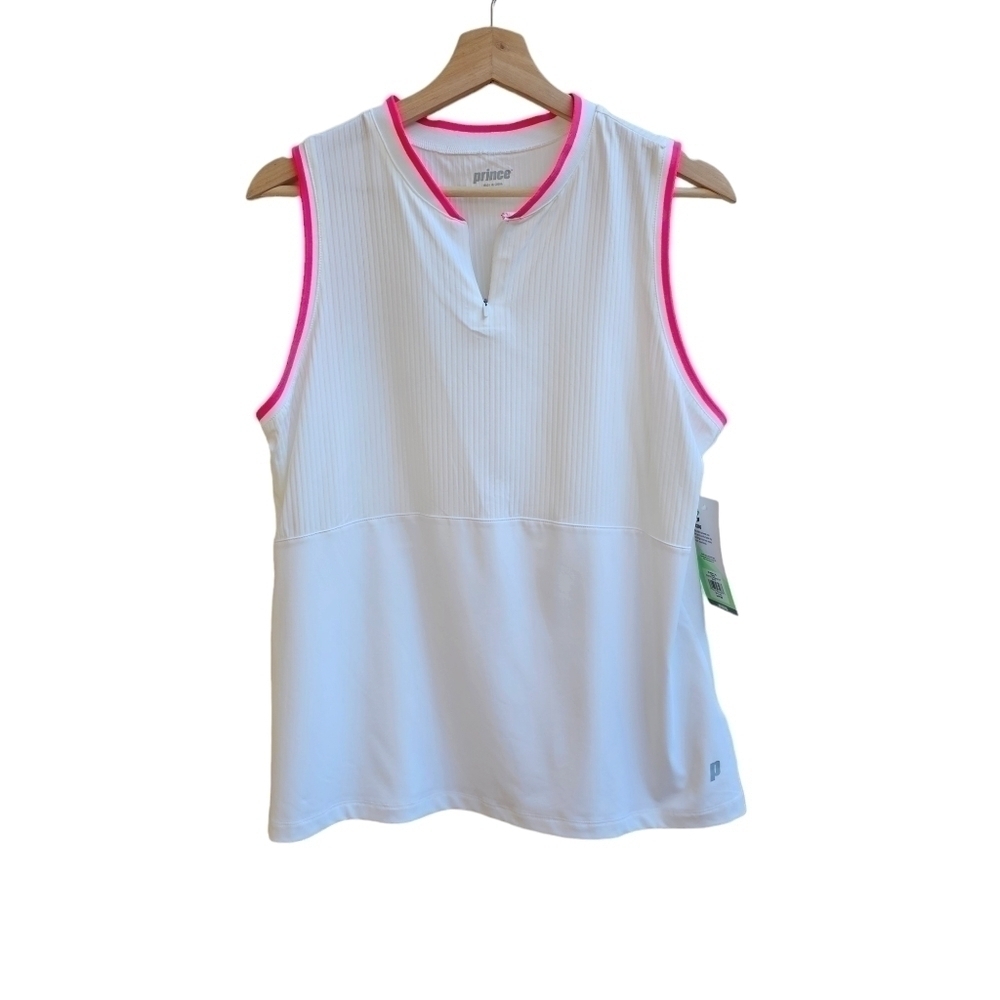 Prince Sleeveless Athleisure Shirt, White with Pink Trim, Size Medium